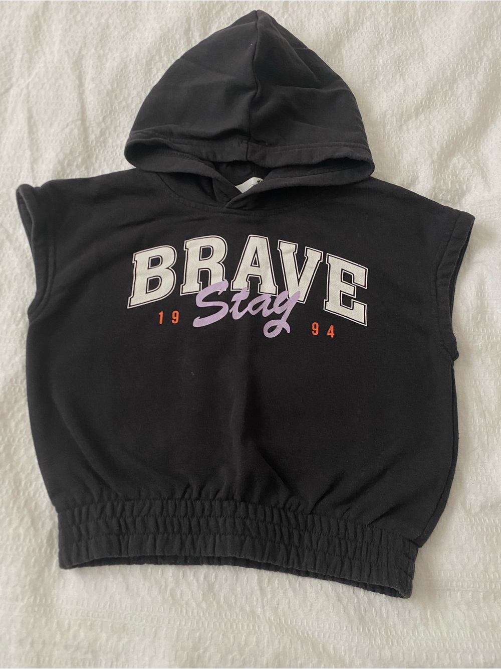 H&M Black Hooded Crop Top with White and Lavender Graphic